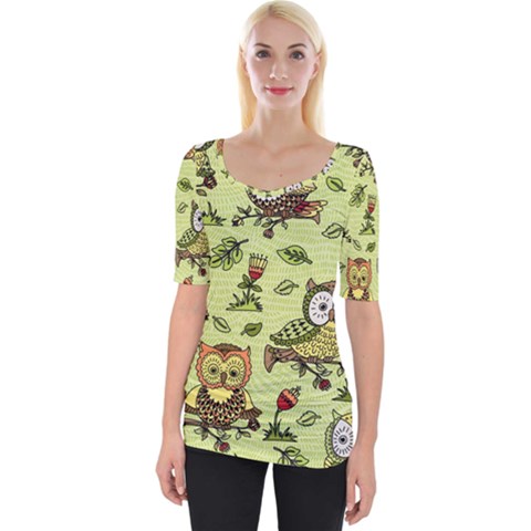 Seamless Pattern With Flowers Owls Wide Neckline Tee by BangZart