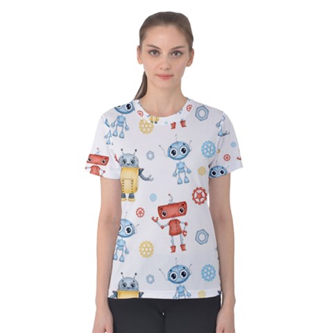 Cute Cartoon Robots Seamless Pattern Women s Cotton Tee by BangZart