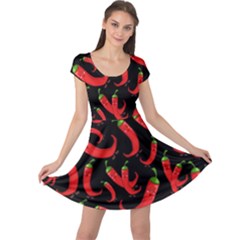 Seamless Vector Pattern Hot Red Chili Papper Black Background Cap Sleeve Dress by BangZart