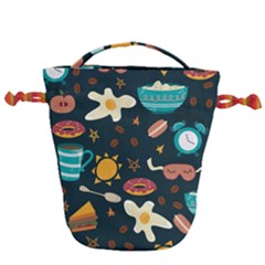 Seamless Pattern With Breakfast Symbols Morning Coffee Drawstring Bucket Bag by BangZart