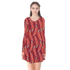 Chili Pattern Red Long Sleeve V-neck Flare Dress by BangZart