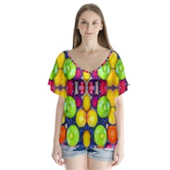 Fruits And Vegetables Pattern V-neck Flutter Sleeve Top by dflcprintsclothing