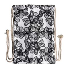 Stylized Botanical Motif Black And White Print Drawstring Bag (large) by dflcprintsclothing
