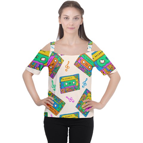 Seamless Pattern With Colorfu Cassettes Hippie Style Doodle Musical Texture Wrapping Fabric Vector Cutout Shoulder Tee by Amaryn4rt
