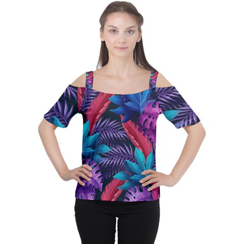 Background With Violet Blue Tropical Leaves Cutout Shoulder Tee by Amaryn4rt