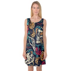 Vintage Art Tattoos Colorful Seamless Pattern Sleeveless Satin Nightdress by Amaryn4rt