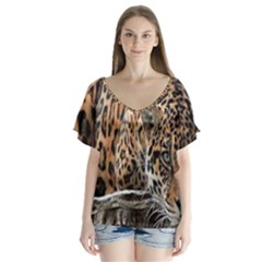 Nature With Tiger V-neck Flutter Sleeve Top by Sparkle