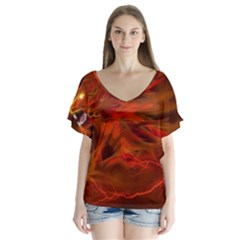 Fire Lion Flame Light Mystical V-neck Flutter Sleeve Top by HermanTelo