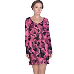 Black And Pink Camouflage Pattern Long Sleeve Nightdress by SpinnyChairDesigns