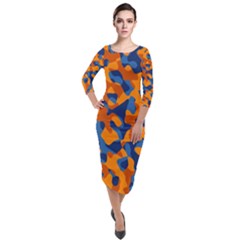 Blue And Orange Camouflage Pattern Quarter Sleeve Midi Velour Bodycon Dress by SpinnyChairDesigns