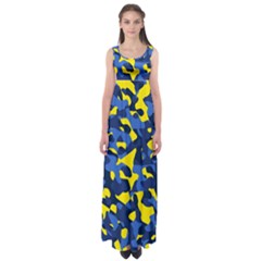 Blue And Yellow Camouflage Pattern Empire Waist Maxi Dress by SpinnyChairDesigns