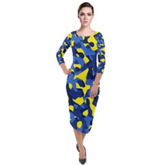 Blue And Yellow Camouflage Pattern Quarter Sleeve Midi Velour Bodycon Dress by SpinnyChairDesigns