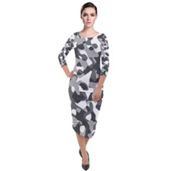 Grey And White Camouflage Pattern Quarter Sleeve Midi Velour Bodycon Dress by SpinnyChairDesigns
