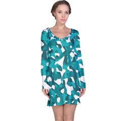 Teal And White Camouflage Pattern Long Sleeve Nightdress by SpinnyChairDesigns