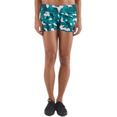 Teal And White Camouflage Pattern Yoga Shorts by SpinnyChairDesigns