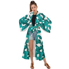 Teal And White Camouflage Pattern Maxi Kimono by SpinnyChairDesigns