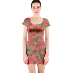 Pink And Green Camouflage Pattern Short Sleeve Bodycon Dress by SpinnyChairDesigns