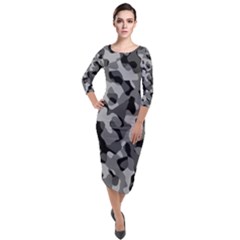 Grey And Black Camouflage Pattern Quarter Sleeve Midi Velour Bodycon Dress by SpinnyChairDesigns