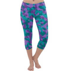 Purple And Teal Camouflage Pattern Capri Yoga Leggings by SpinnyChairDesigns
