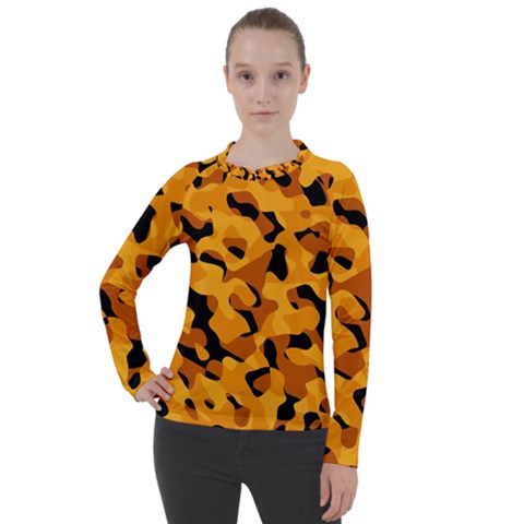Orange And Black Camouflage Pattern Women s Pique Long Sleeve Tee by SpinnyChairDesigns