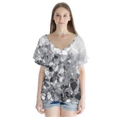 Black And White Abstract Mosaic Pattern V-neck Flutter Sleeve Top by SpinnyChairDesigns