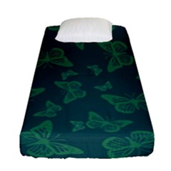 Midnight Green Butterflies Pattern Fitted Sheet (single Size) by SpinnyChairDesigns