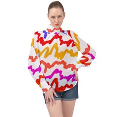 Multicolored Scribble Abstract Pattern High Neck Long Sleeve Chiffon Top by dflcprintsclothing