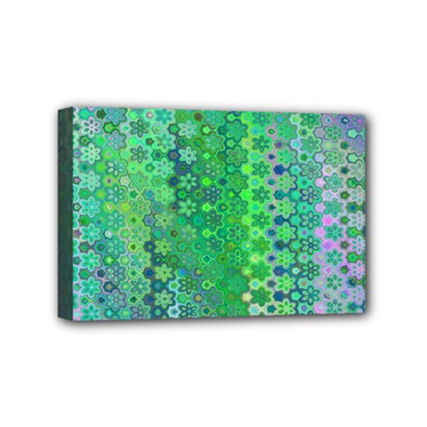 Boho Green Floral Print Mini Canvas 6  X 4  (stretched) by SpinnyChairDesigns