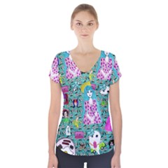 Blue Denim And Drawings Daisies Aqua Short Sleeve Front Detail Top by snowwhitegirl