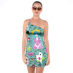 Blue Denim And Drawings Daisies Aqua One Soulder Bodycon Dress by snowwhitegirl