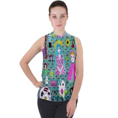 Blue Denim And Drawings Daisies Aqua Mock Neck Chiffon Sleeveless Top by snowwhitegirl