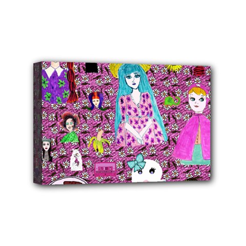 Blue Denim And Drawings Daisies Pink Mini Canvas 6  X 4  (stretched) by snowwhitegirl