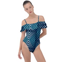Blue Motif Design Frill Detail One Piece Swimsuit by tmsartbazaar