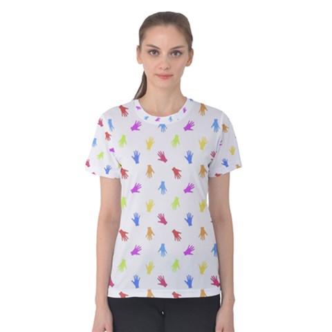 Multicolored Hands Silhouette Motif Design Women s Cotton Tee by dflcprintsclothing