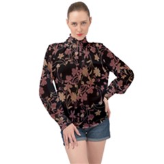 Dark Floral Ornate Print High Neck Long Sleeve Chiffon Top by dflcprintsclothing