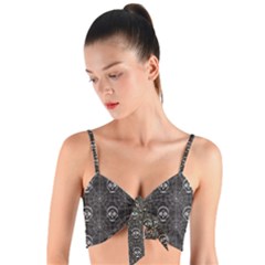 Skull And Spider Web On Dark Background Woven Tie Front Bralet by FloraaplusDesign