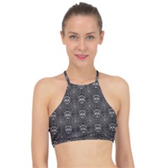 Skull And Spider Web On Dark Background Racer Front Bikini Top by FloraaplusDesign