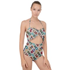 Ethnic Tribal Masks Scallop Top Cut Out Swimsuit by tmsartbazaar