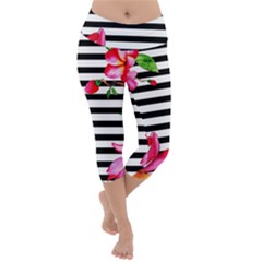 Black And White Stripes Lightweight Velour Capri Yoga Leggings by designsbymallika