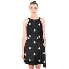 Black And White Baseball Motif Pattern Halter Collar Waist Tie Chiffon Dress by dflcprintsclothing