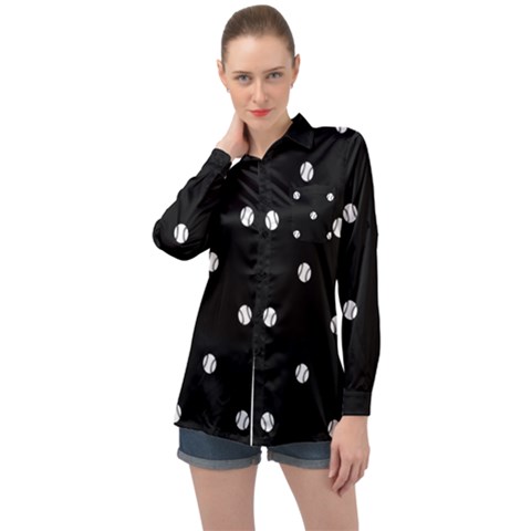 Black And White Baseball Motif Pattern Long Sleeve Satin Shirt by dflcprintsclothing