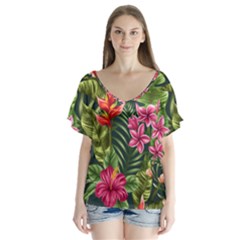 Tropical Flowers V-neck Flutter Sleeve Top by goljakoff