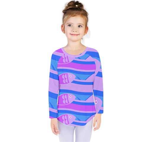 Fish Texture Blue Violet Module Kids  Long Sleeve Tee by HermanTelo
