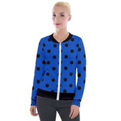 Large Black Polka Dots On Absolute Zero Blue - Velvet Zip Up Jacket by FashionLane