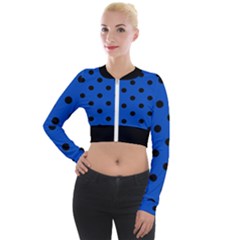 Large Black Polka Dots On Absolute Zero Blue - Long Sleeve Cropped Velvet Jacket by FashionLane