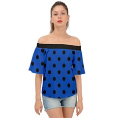 Large Black Polka Dots On Absolute Zero Blue - Off Shoulder Short Sleeve Top by FashionLane