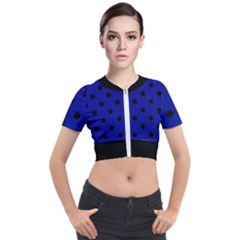 Large Black Polka Dots On Admiral Blue - Short Sleeve Cropped Jacket by FashionLane