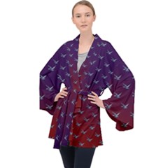 Blue Bird Of Happiness - Dark - By Larenard Long Sleeve Velvet Kimono  by LaRenard