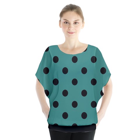 Large Black Polka Dots On Celadon Green - Batwing Chiffon Blouse by FashionLane