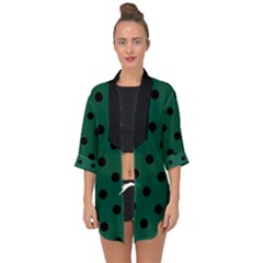 Large Black Polka Dots On Christmas Green - Open Front Chiffon Kimono by FashionLane